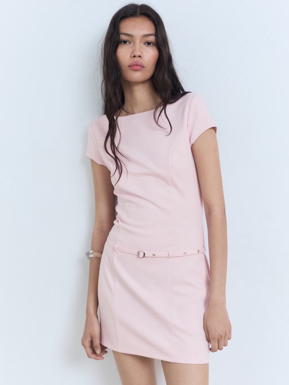 Mango Pale Pink Short-Belted Mini Dress